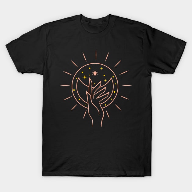 Aesthetic line art mystic hand moon and star T-Shirt by Aesthetic Witchy Vibes